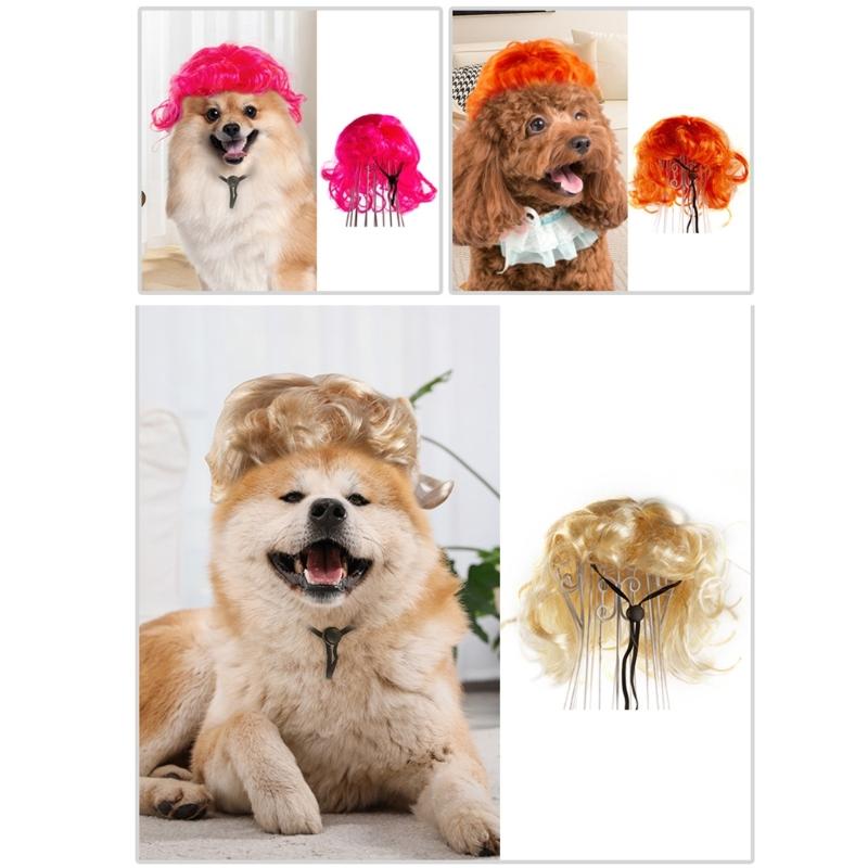 Small Dog Headwear Wigs with Bangs Curls Wigs Pet Birthday Photography Props Hair Accessories Adjustable Headwear