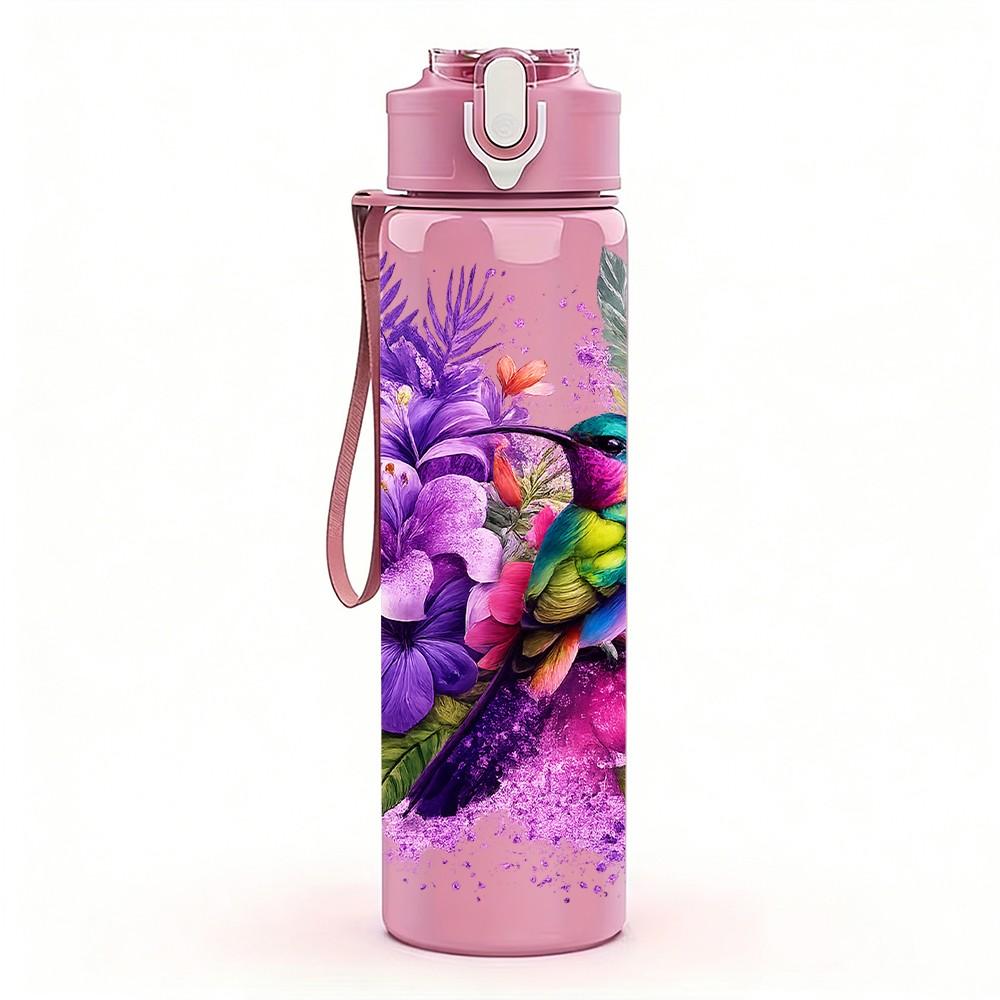 1PC Purple Parrot Tropical Bird Art Print 750ml Color Plastic Sports Water Bottle Leakproof Flip Straw Lid Suitable for Sports Office Home Use