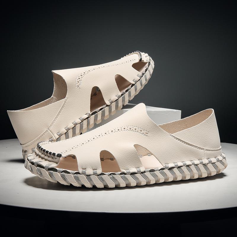 Сандалии мужские из натуральной кожи, прочные, ручной работы, пляжная обувь, противоударный носок, мужские летние туфли на плоской подошве, нескользящие, для дома и улицы