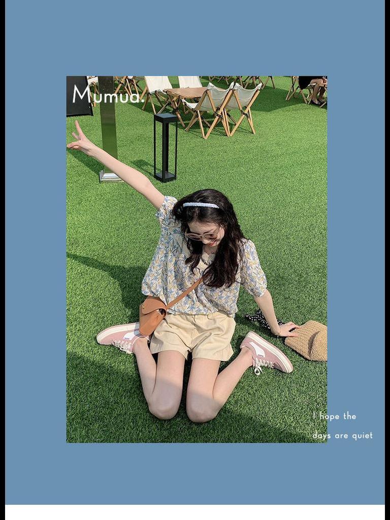 Женский шикарный топ с цветочным принтом и французским квадратным вырезом 2023 года с рукавами-фонариками