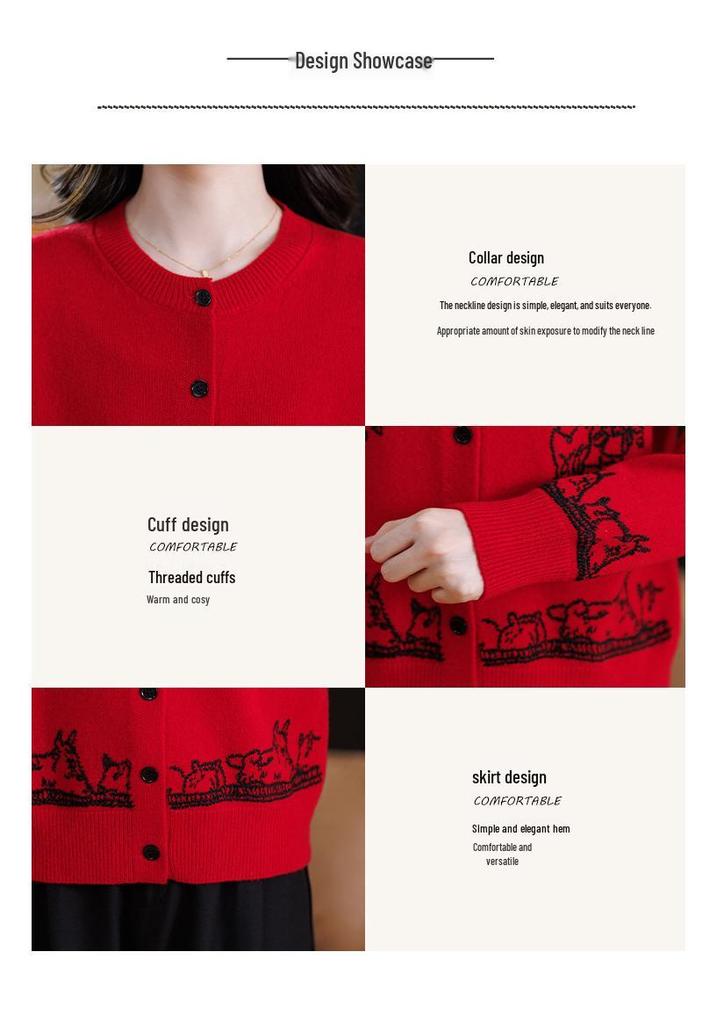 Women's Autumn Wool Cardigan - Letter Embroidery & Animal Knit Design, Round Neck, Long Sleeve