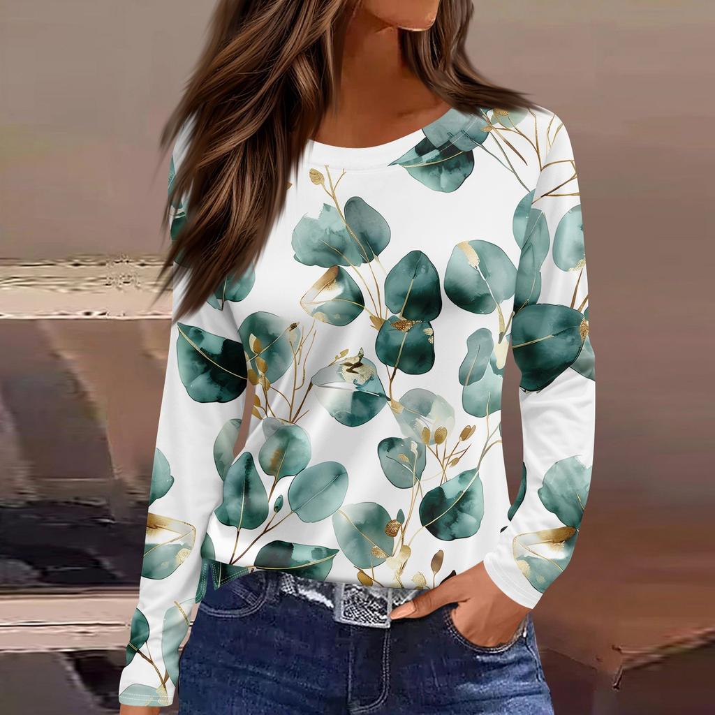 Women's Fashion Casual Slit Hem Round Neck Long Sleeve Loose Printed T-Shirt Ladies Top