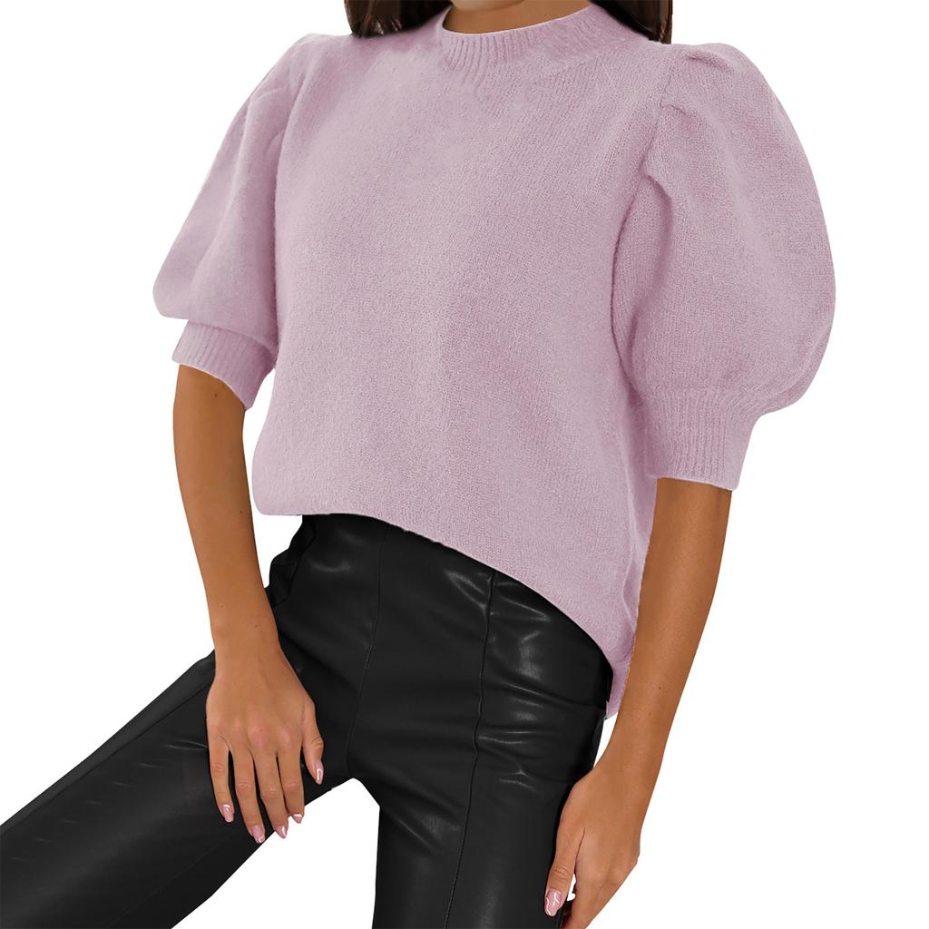 Women's Puff Short Sleeve Knit Sweaters Tops Casual Pullover Shirts