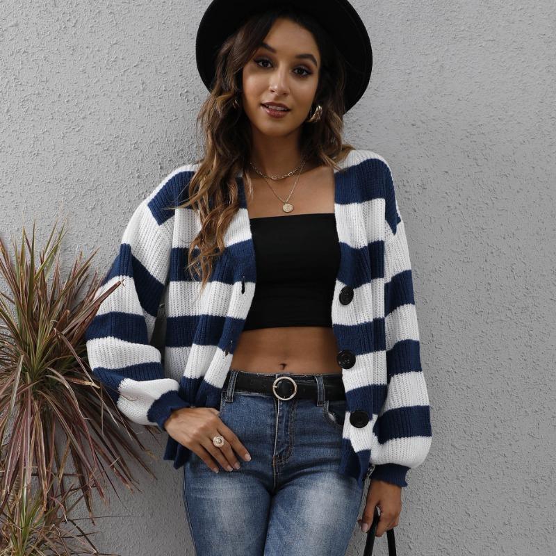 Женский осенне-зимний кардиган с яркими полосками, лоскутный тканый свитер с пуговицами