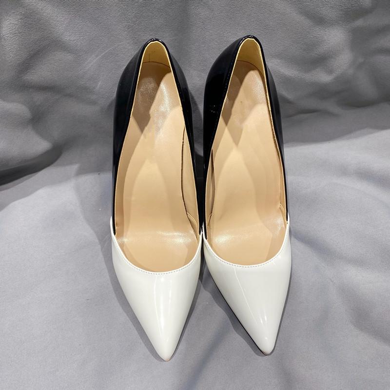 Туфли-лодочки на высоком каблуке, белые и черные, в стиле пэчворк, из кожи, женские, с заостренным носком, 12 см, сексуальные свадебные туфли-лодочки, размер 42, 44, 45