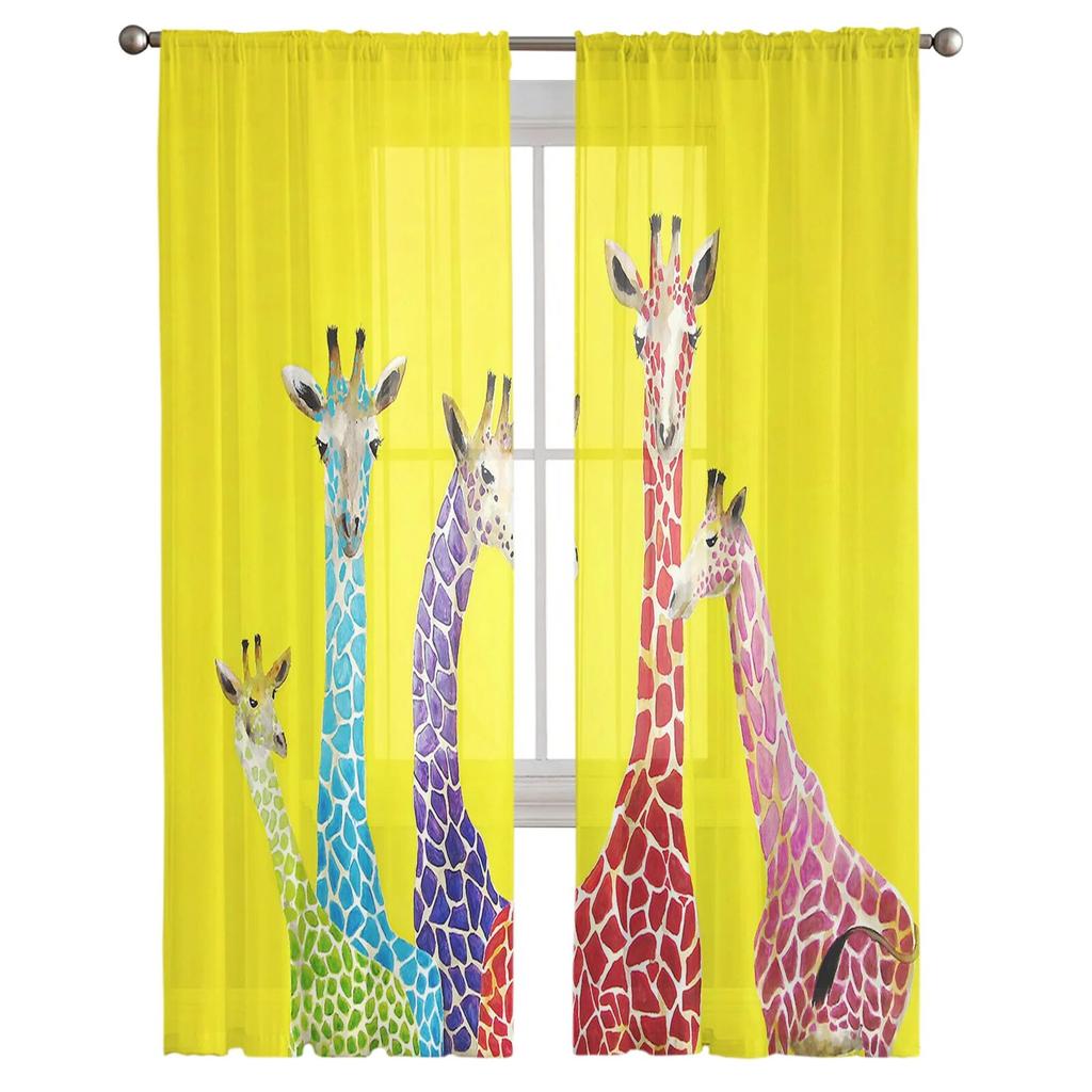 Giraffe Animal Oil Painting Tulle Curtains Balcony Room Fashion Printed Sheer Curtain Living Room Window Modern Decor