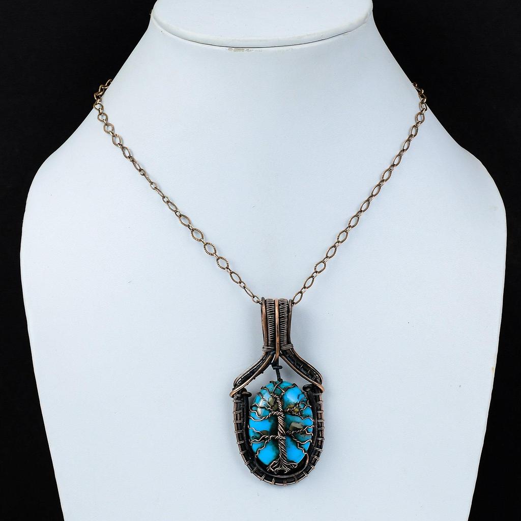 Древо жизни бирюзовый драгоценный камень чистая медная проволока обернутая подвеска ручной работы ювелирные изделия