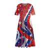 Ladies Casual Fashion Print V-Neck Short Sleeve Waist Long Swing Dress