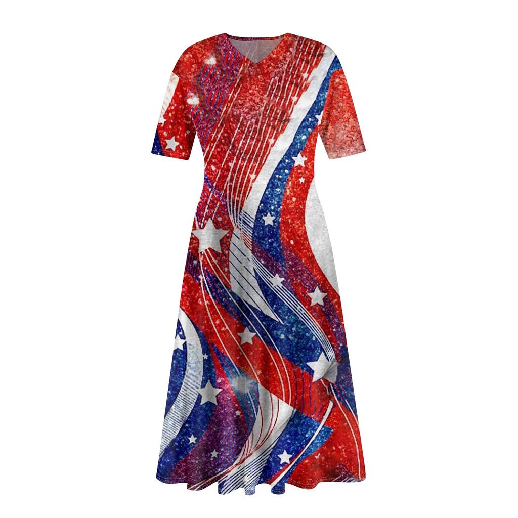Ladies Casual Fashion Print V-Neck Short Sleeve Waist Long Swing Dress