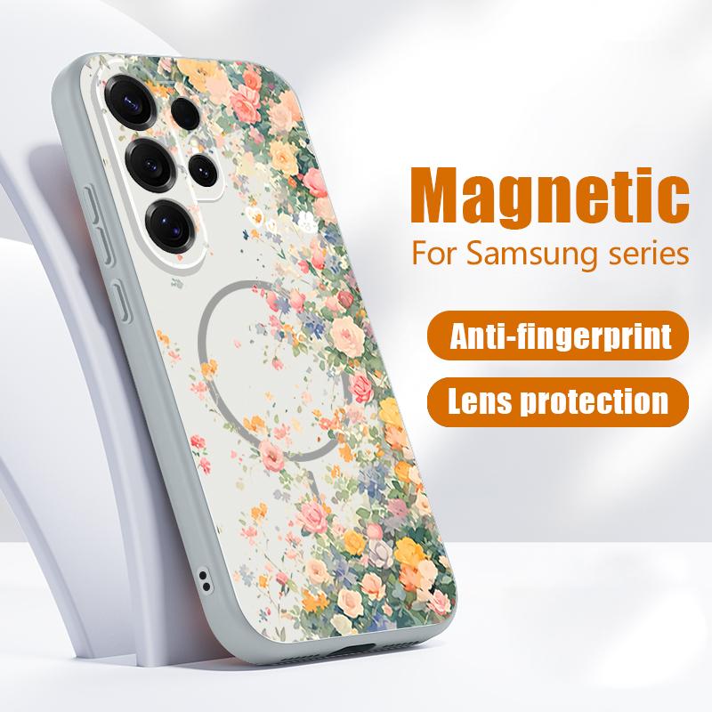 Магнитный Чехол Для Magsafe Для Samsung Galaxy S26 Ultra S25 Edge S24 Plus S23 FE S22 A54 A55 A56 5G С Рисунком Цветочный Сад Матовый Чехол