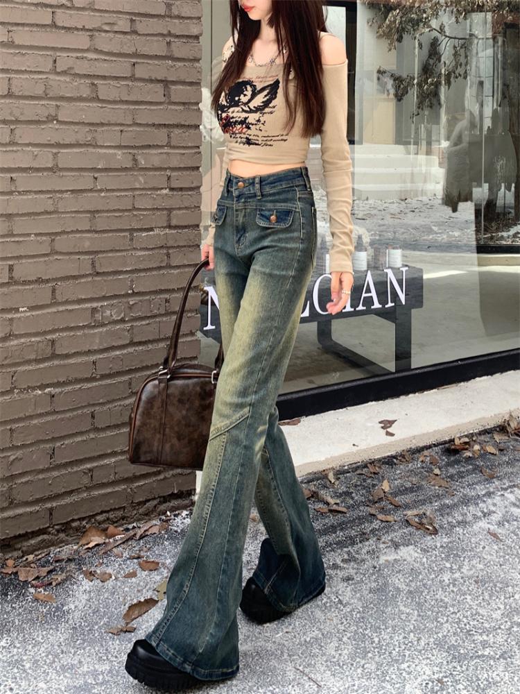 Women's High Waist Jeans, Retro Style, Grey Stretch Denim, Slim Fit Flare Pants with Pockets, All-Season Wear