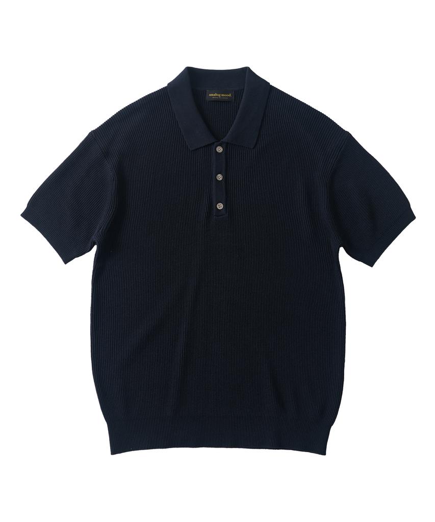 ANALOG MOOD Hacci Button-Up Collar Short Sleeve Knit (Navy)