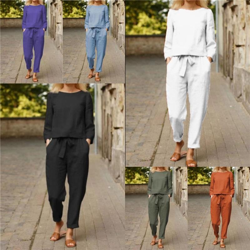 Women 2 Piece Linen Outfit Boat Neck 3/4 Sleeve Crop Top Drawstring Jogger Pants Casual Set