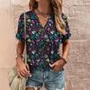 Retro Print Women's T Shirt Classic Floral Tees For Ladies Summer V-Neck Short Sleeve Tops Female Oversized Clothes Daily Blouse