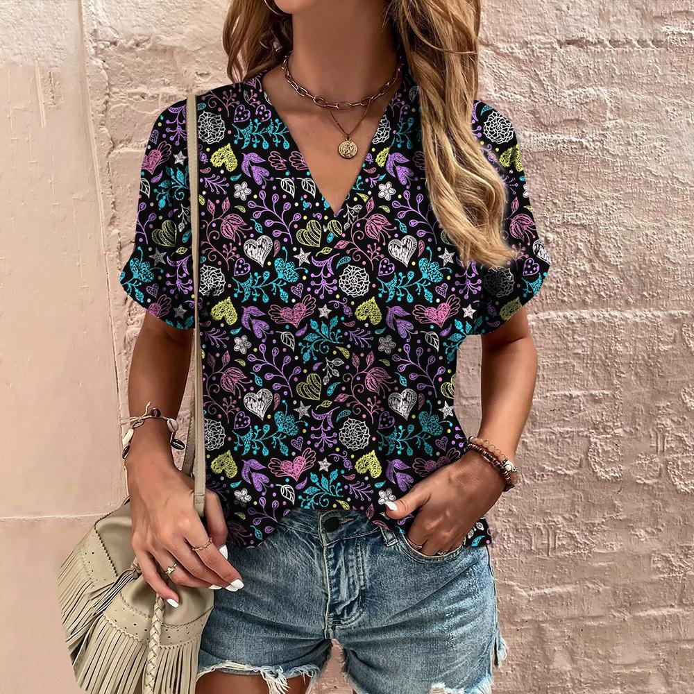 Retro Print Women's T Shirt Classic Floral Tees For Ladies Summer V-Neck Short Sleeve Tops Female Oversized Clothes Daily Blouse