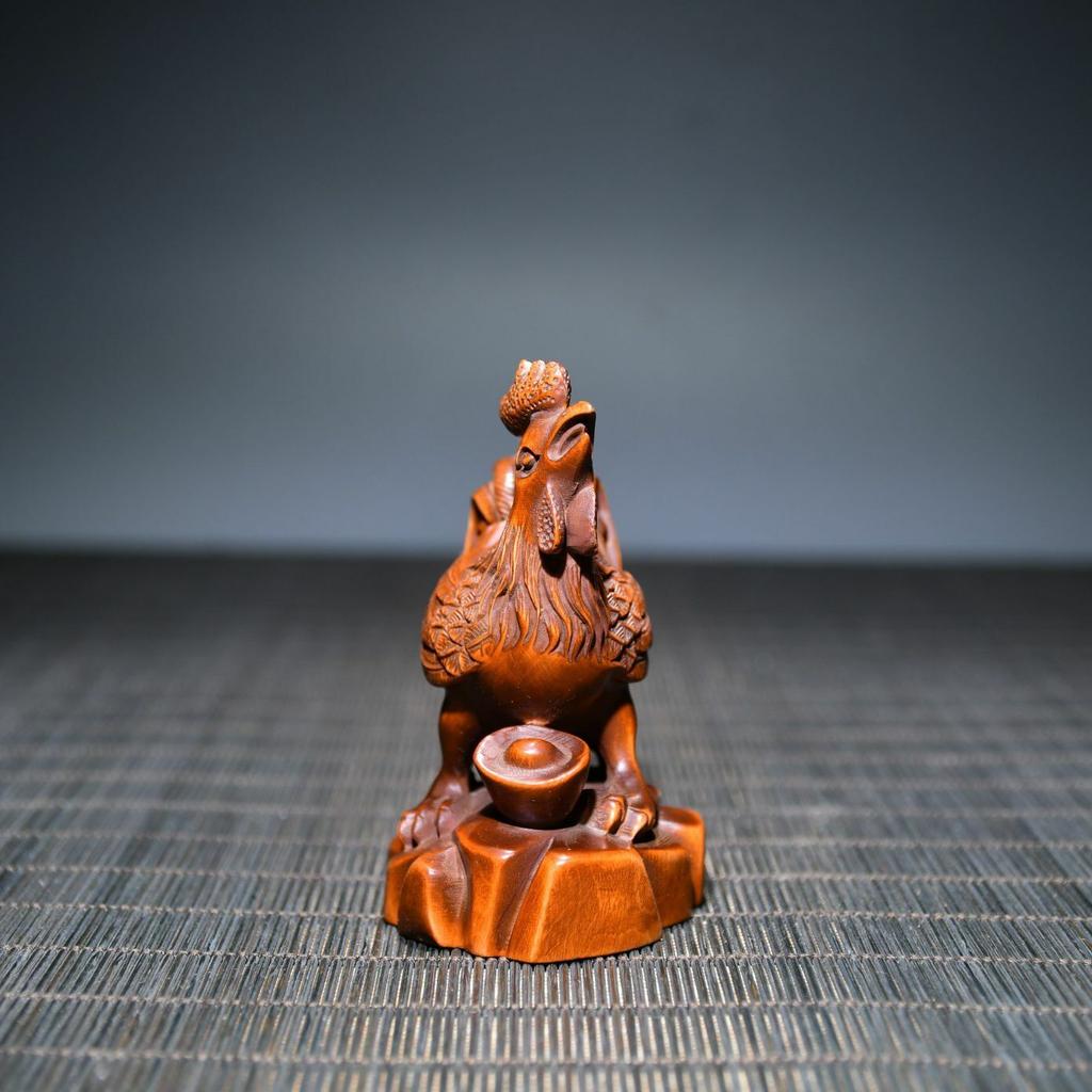 Chinese Antique Boxwood Wood Carving Exquisite Rooster Statue Collection Art