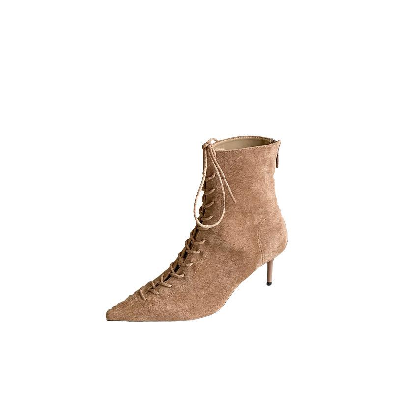 2025 autumn and winter new European and American pointed head thin heel high heel temperament French fashion sexy beautiful suede women's short boots