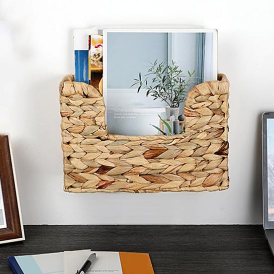 Handwoven Water Hyacinth Basket Wall Magazine Organizer for Book File Newspaper Rustic Wicker Storage Bin with Single Handle for Entryway Office