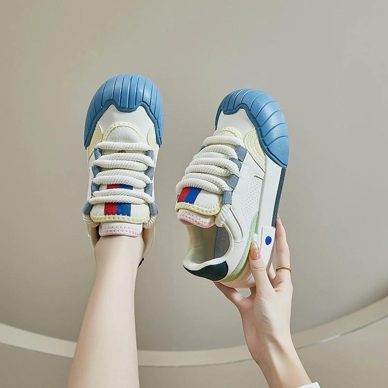 Fashion Women Sneakers Lace Up Casual Sports Shoes Mixed Colors Design Thick Bottom Vulcanized Shoes Outdoor Running Cute Shoes Female