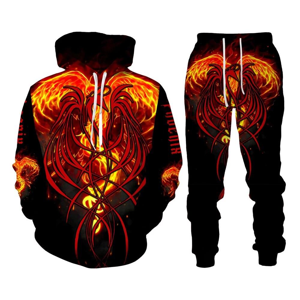 Толстовка с принтом Феникса и 3D принтом, мужские спортивные костюмы, толстовки с длинными рукавами, спортивные штаны, мужские комплекты уличной одежды