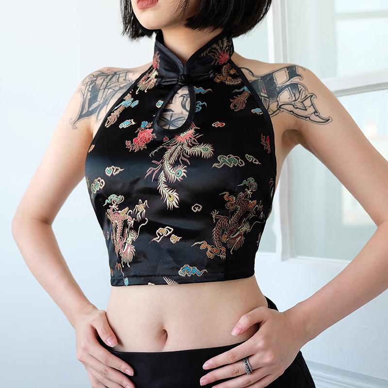 Женские топы Cheongsam, традиционный традиционный китайский дракон с вышивкой, открытая спина, Холтер, винтажный вечерний укороченный топ с запахом, жилет