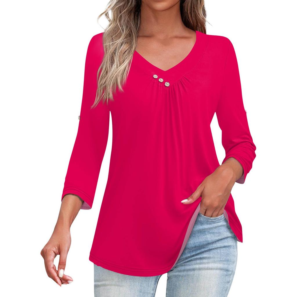 Shirts For Women Trendy V Neck Button T Shirts Casual Solid Color Summer Tees T Shirt Blouse Three Quarter Sleeve Tops For Women