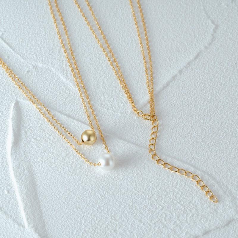 Adjustable 18K Gold Plated Sterling Layered Pearl Bead Pendant Necklace Women O-Link Chain Daily Fashion Jewelry