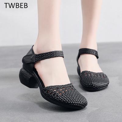 Женские босоножки на толстом каблуке, летняя обувь ручной работы, модные удобные повседневные босоножки из натуральной кожи на высоком каблуке