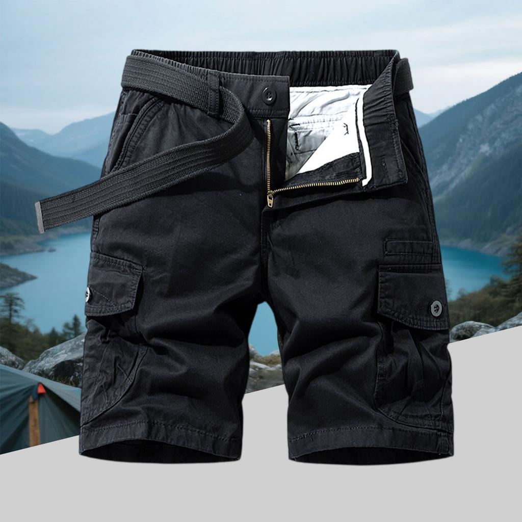 Men's Military Cargo Shorts - Multi-Pocket Zippered Elastic Waistband Drawstring Solid Color Outdoor Comfort Loose Fit