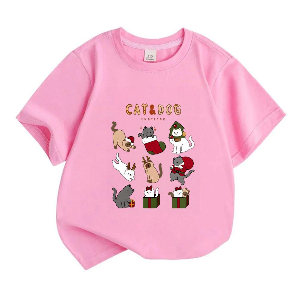Kids Boys Girls 100% Cotton Crew Neck Short Sleeve T-Shirt, Cute Christmas Cats Collection Print Casual Soft Holiday Cartoon Tee for Children