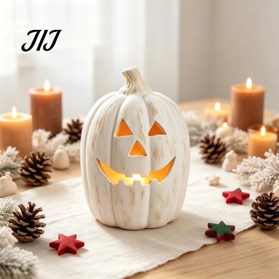 Outdoor Porch Autumn Decor Halloween Pumpkin Candle Holder, Resin Lantern Tealight Holder with Fall Home Carved Face for Farmhouse Table Mantle