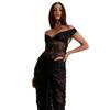 ins wind lace jacquard off-the-shoulder dress women's spring new sexy hollowed-out see-through waist dress