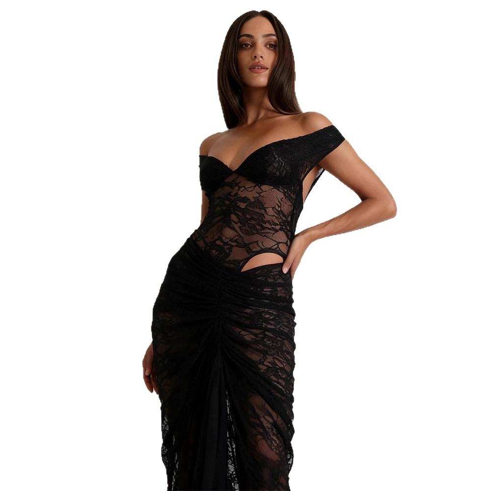 ins wind lace jacquard off-the-shoulder dress women's spring new sexy hollowed-out see-through waist dress