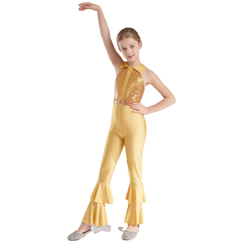 Kids Girls Unitards Bodysuit Sleeveless Tiered Bell-bottom Pants Style Dance Gymnastic Leotard Jumpsuit