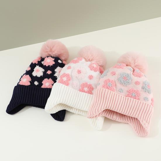 Детская шерстяная шапка с меховым помпоном, украшениями в виде маленьких цветочков, защитой ушей, утолщенной плюшевой подкладкой, вязаная шапка