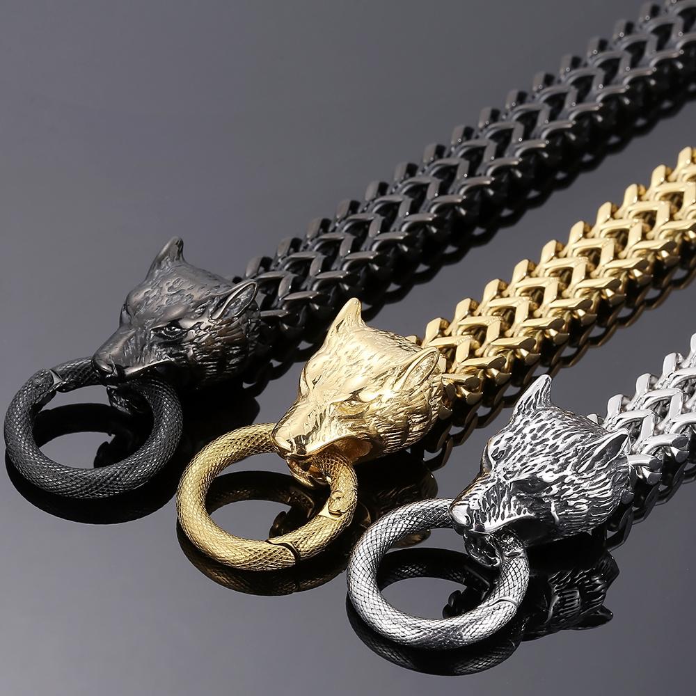 Norse Viking Wolf Head With Square Franco Link Chain Bracelet for Men Stainless Steel Men's Bracelets Masculine Jewelry Gifts