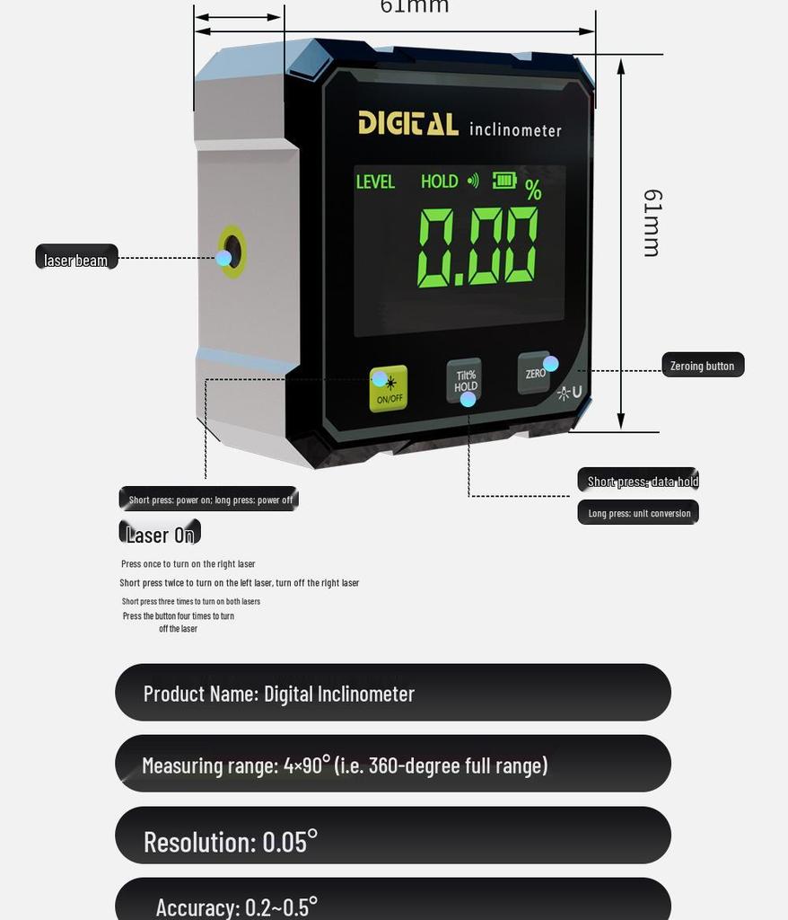 Светодиодный цифровой инклинометр с дисплеем с подсветкой, угломер