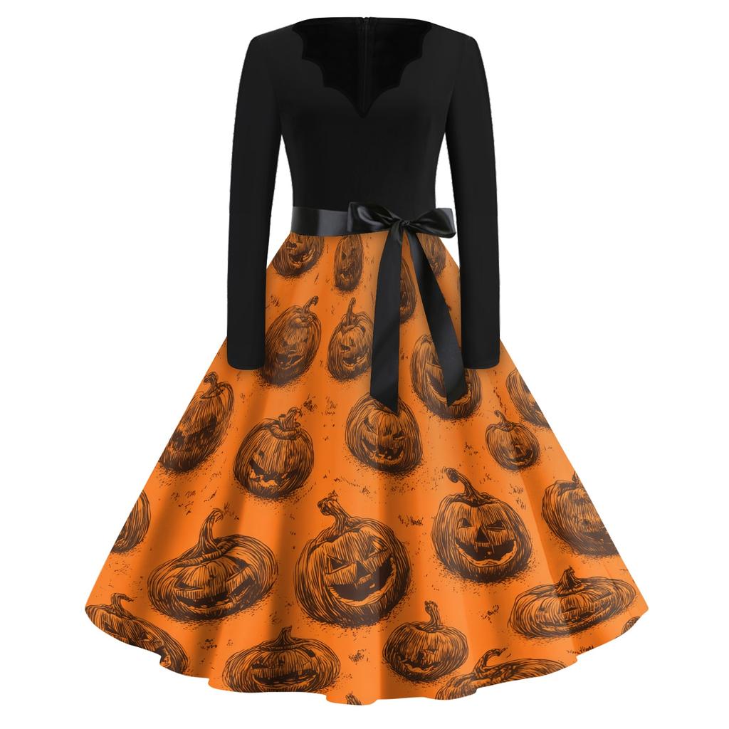 Women's Casual Halloween Printed V Neck Vintage Dress Long Sleeve Retro Fit and Flare Knee Length Dress with Belt and Halloween Pumpkin Design