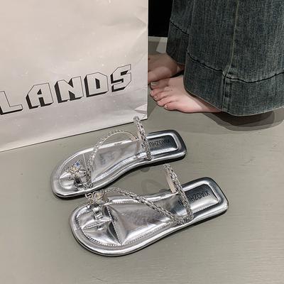 Вечерний ветер стразы закрытый носок французские тапочки фея ветер тапочки женские 2025 новая летняя обувь серебристые крутые тапочки