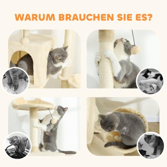 Cat Tree 160cm Cat Tower with Hammock, Ladder, Cave, 2 Plush Balls, Sisal Posts, 48 x 48 x 160cm,