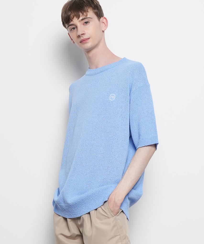 THE-ABON Men'S Summer Boucle Knit Round Short Sleeve T-Shirt Sky Blue