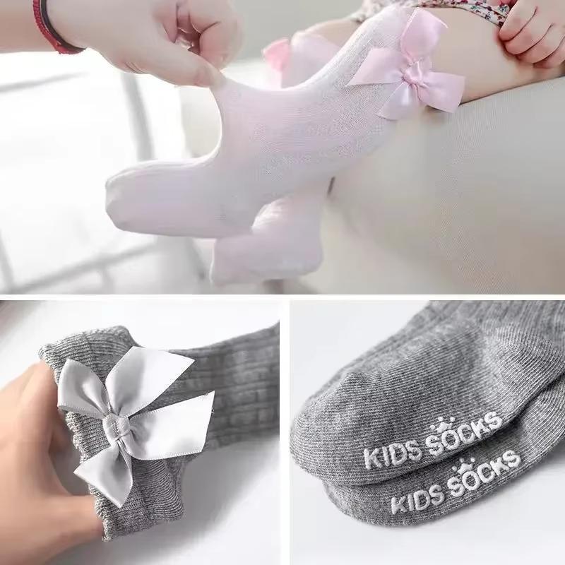 Детские гольфы с большим бантом до колена Весна Осень Детские домашние гольфы до середины икры Принцесса Напольные носки Детские Малышовые Нескользящие чулки 0-3 года