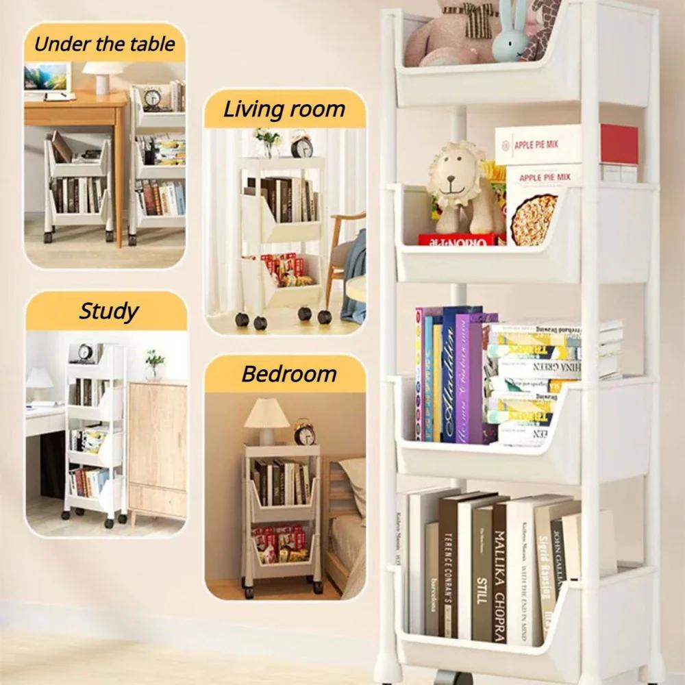 Передвижная книжная полка на колесиках, собранная стойка для хранения игрушек, большая вместимость, угловая стойка для хранения книг, многослойный простой шкаф-витрина