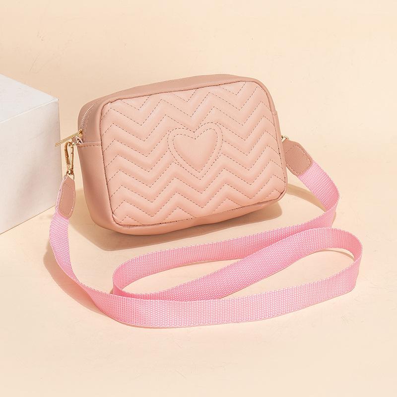 Cozy Up Solid Color Diagonal Camera Bag with Wave Pattern Heart Embroidered Shoulder Bag