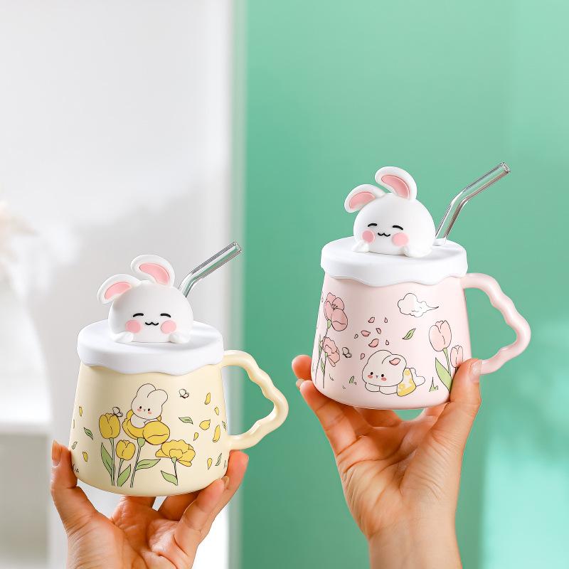 Family Suit Rabbit Ceramic Cup High Value Straw Cup with Lid Cute Cup Souvenir Gift Cup