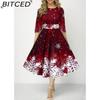 Women's Fashion Summer Spring Solid Color Print 3/4 Sleeve O-Neck Casual Dresses