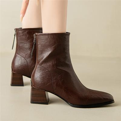 Мода 2025 Осень PU Кожа Женские Ботильоны Застежка-молния сзади Современные Ботинки Толстый Высокий Каблук Обувь Женская Обувь Лодочки Ботильоны Женские 32-43