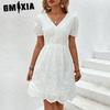 Женские модные летние весенние однотонные повседневные платья с v-образным вырезом и короткими рукавами и высокой талией