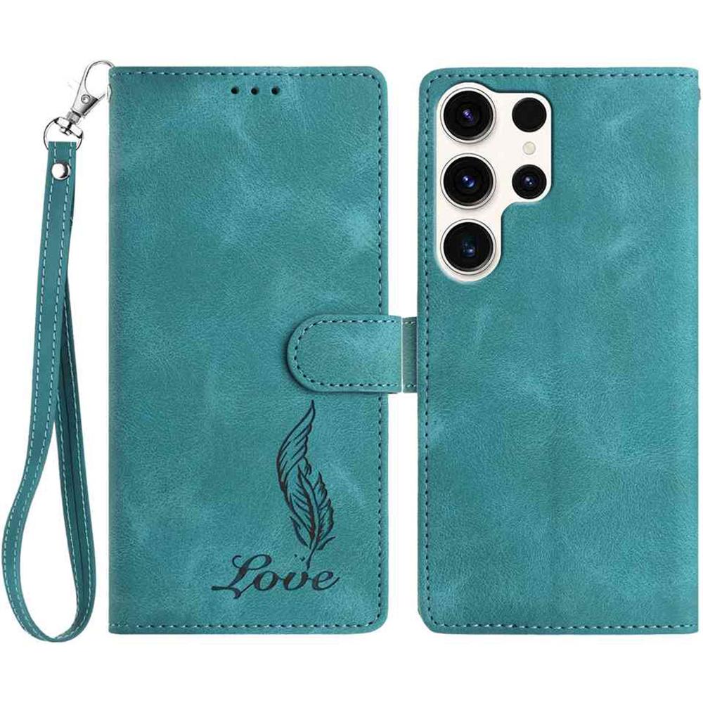 For Samsung Galaxy S25 Ultra Case Imprinted Feather PU Leather Wallet Phone Cover with Wrist Strap