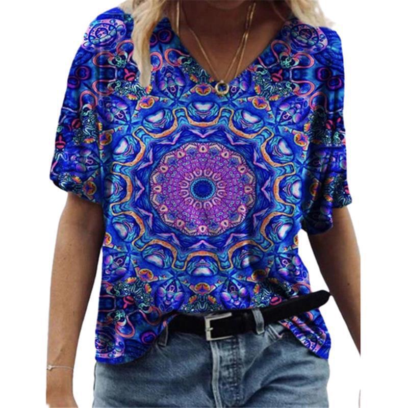 Summer V-neck 3D Abstract Printed Top Fashionable Casual Short Sleeved Women's T-shirts